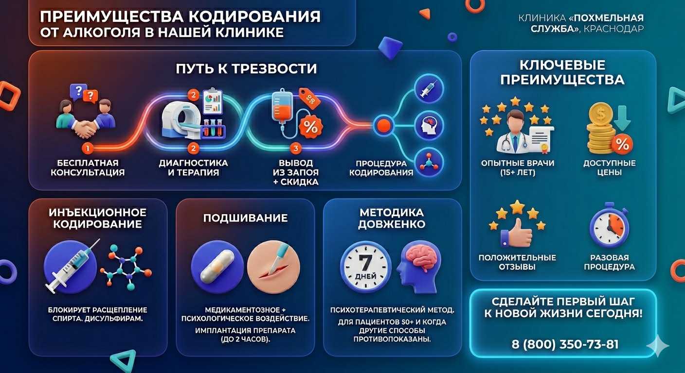 Инфографика о методах кодирования от алкоголя в Камышине: инъекции, подшивание, метод Довженко. Преимущества клиники и этапы лечения.