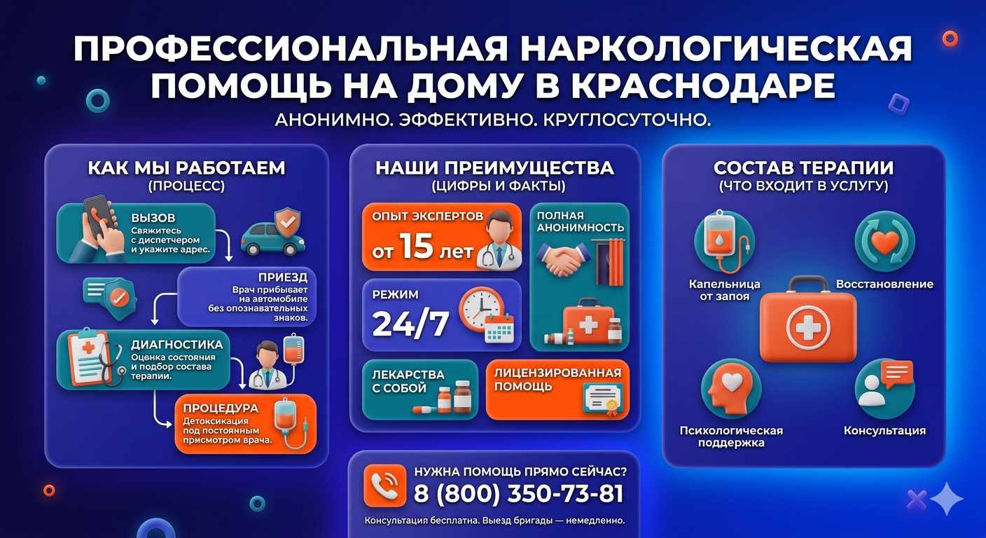 Инфографика о принципах лечения алкоголизма на дому в Камышине: этапы вызова нарколога, преимущества анонимной детоксикации и состав медицинской помощи.